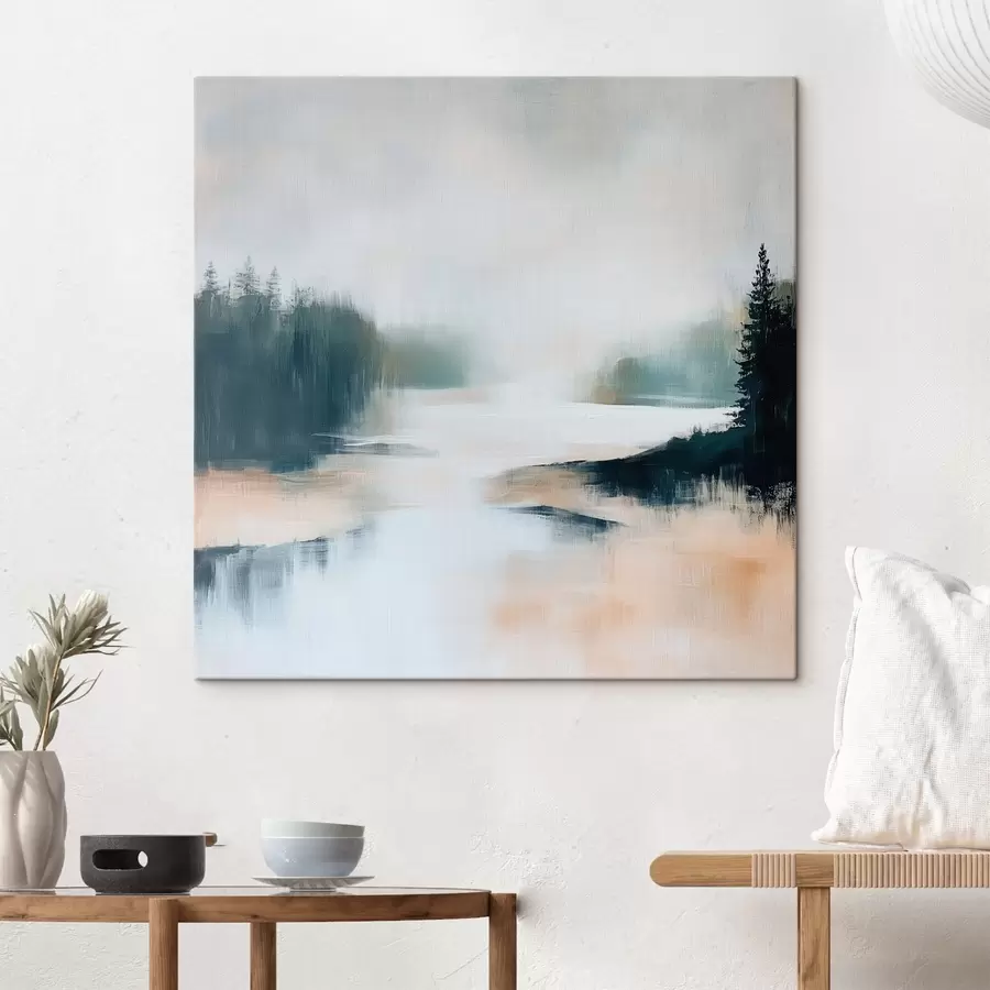 Картина Абстрактний лісовий пейзаж у рожевих і блакитних тонах, виконаний у сучасному художньому стилі s48862