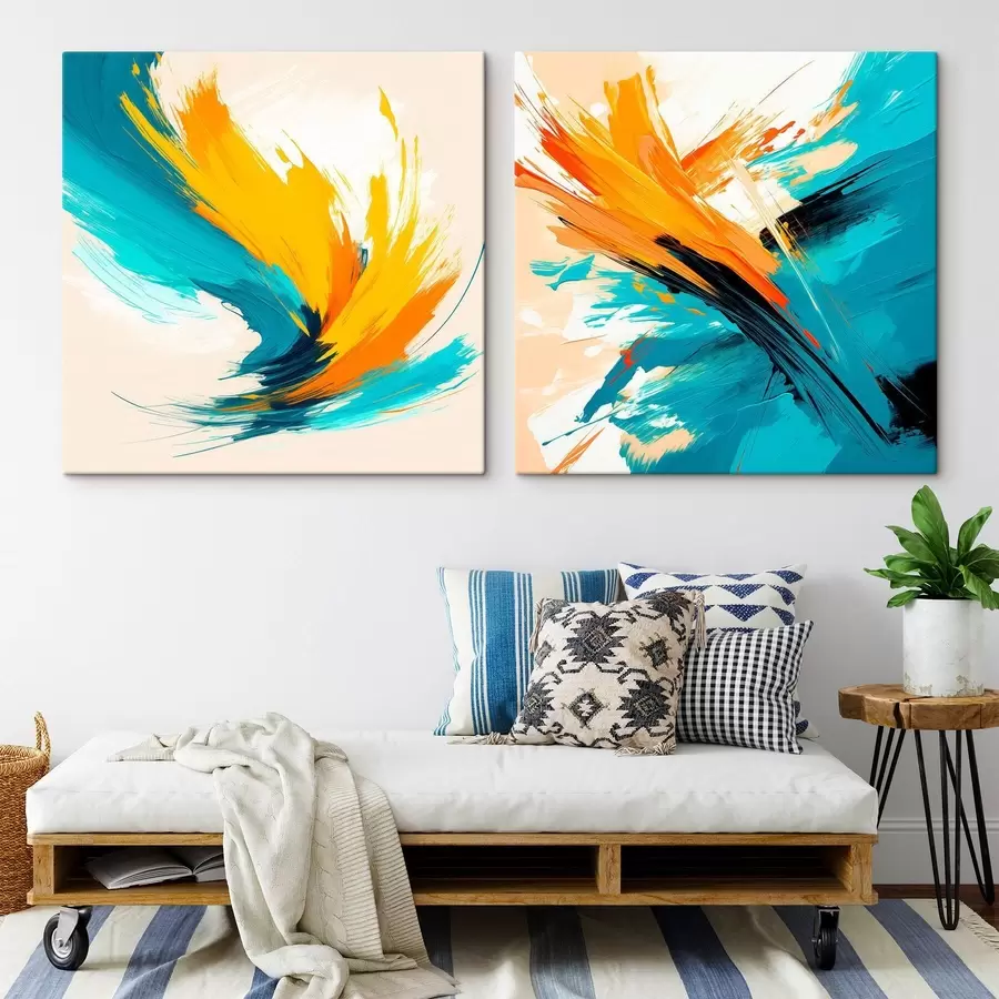 Картина Динамічні мазки фарби у бірюзово-помаранчевій гамі в стилі сучасного мистецтва m30354