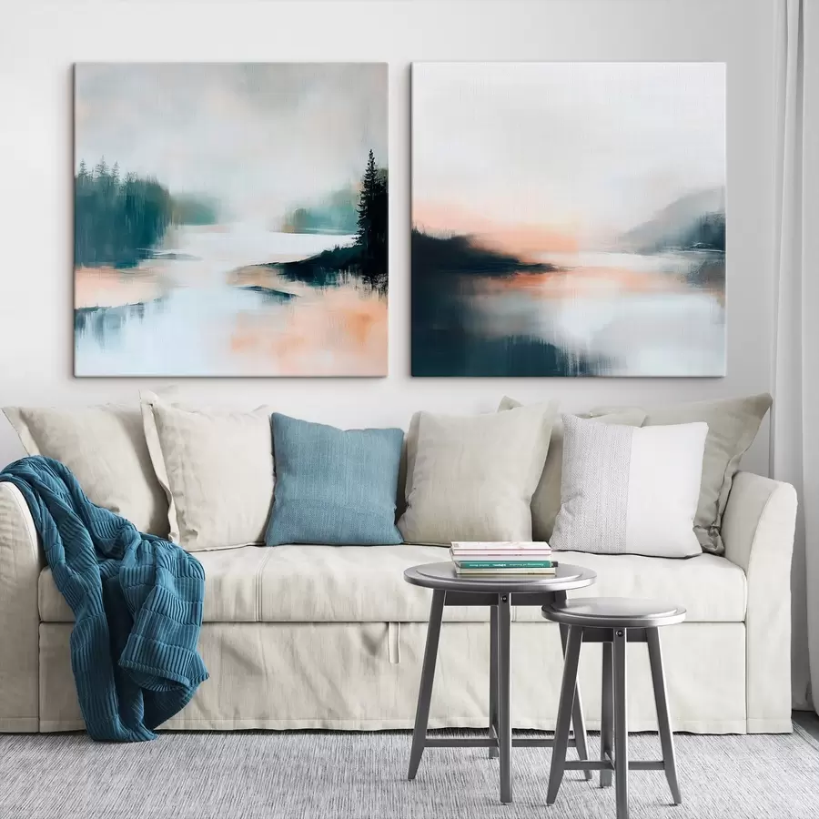 Картина Туманний пейзаж із хвойними деревами та озером, виконаний у сучасному художньому стилі m30357