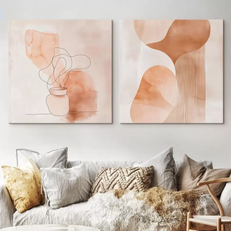 Картина Абстрактні форми у бежево-персиковій гамі з лінійними акцентами в мінімалістичному стилі m30361