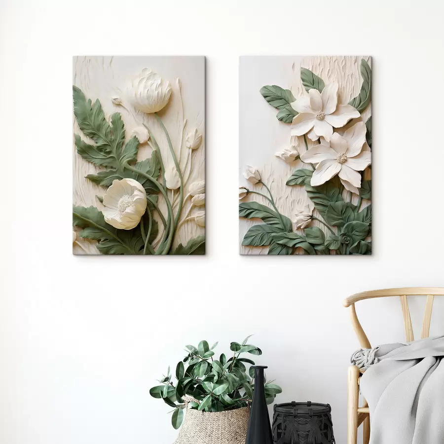 Картина Білі квіти та зелене листя на фактурному тлі з листям m30584