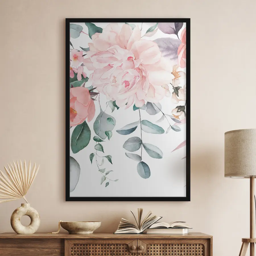 Картина Рожева квітка акареллю на тлі звисаючого листя f36141